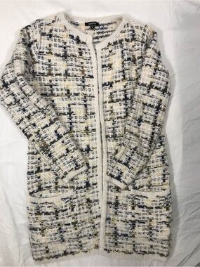 Coco + Carmen Cream Bouclé Cardigan with Navy & Gold Threading